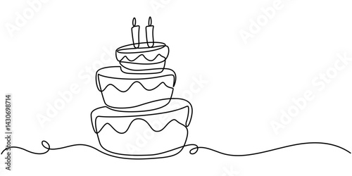 Continuous one line drawing shortcake decorated with cream. Dessert concept. Single line draw design vector graphic illustration, Continuous one line drawing of birthday cake with candles.
