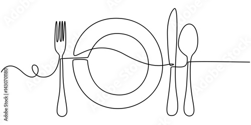 One continuous line plate, khife and fork. Vector illustration, Continuous line art or One Line Drawing of plate, khife and fork. linear style and Hand drawn Vector illustrations, Line Drawing Plate.