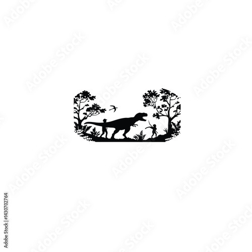 Dinosaur hunting in the jungle silhouette on white background