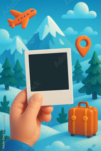 Cartoon hand holding blank Polaroid with snowy mountain vacation background