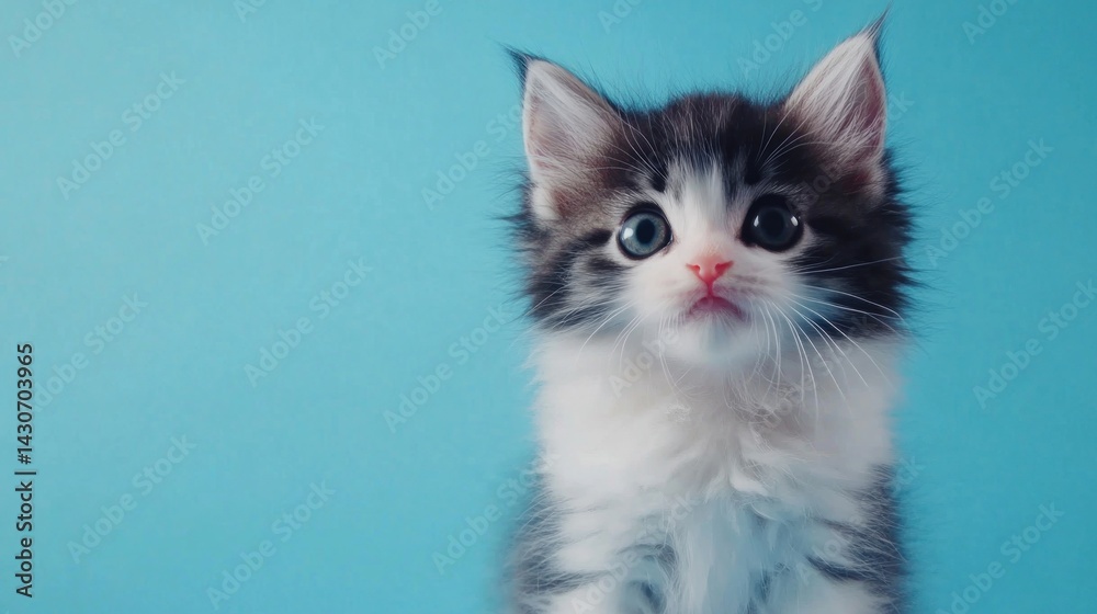 Adorable kitten portrait against a vibrant blue background.  A fluffy, curious little kitty with big eyes