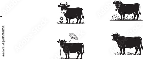  Hand drawn set of cow vector silhouettes