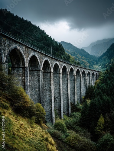 Tall stone arches of a viaduct span across a vibrant green valley surrounded by mountains, creating a striking contrast with the dark clouds above. Perfect for nature and architecture lovers