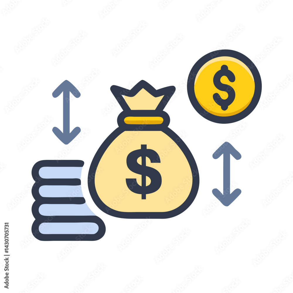 Money exchange, investment, dollar bag and coin icon Money exchange, investment, dollar bag and coin icon
