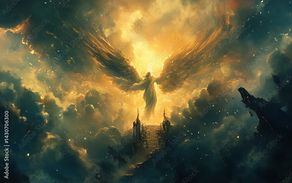 Fototapeta premium Heavenly figure with outstretched wings bathed in golden light, standing on a celestial staircase