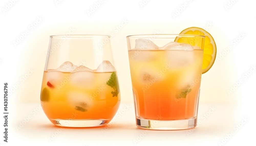 Glasses of fruit drinks with ice cubes isolated on white Glasses of fruit drinks with ice cubes isolated on white