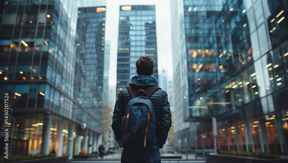 A young man stands in front of an office building with glass walls, wearing dark and carrying his backpack. A young man stands in front of an office building with glass walls, wearing dark and carrying his backpack.