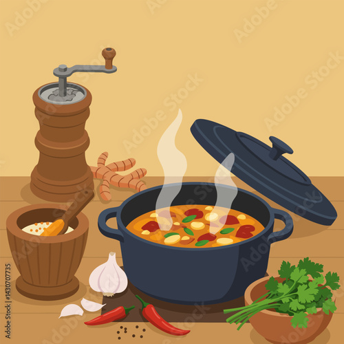 Cooking Hot Curry in Pot with Spices and Herbs Illustration