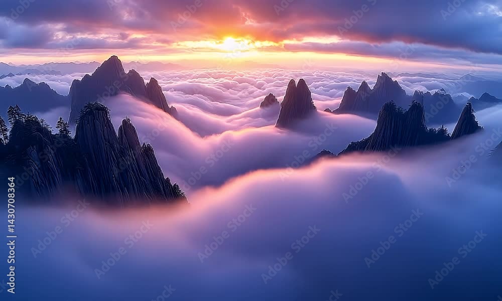 Majestic Sunrise Over Mountain Peaks Emerging from a Sea of Clouds
