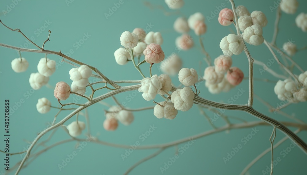 Fototapeta premium Delicate Dried Plant Twigs White Pink Buds Abstract Teal Background