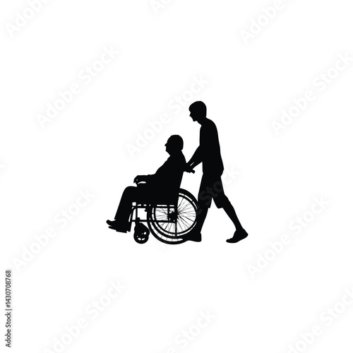 Silhouette of a young man pushing a wheelchair with an elderly person on white background