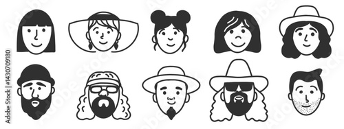 Various Faces icon. Male and female Avatars with diverse accessories. Hand drawn sketch design, black and white ink style. portrait images for user profile for social networks, forums and dating sites