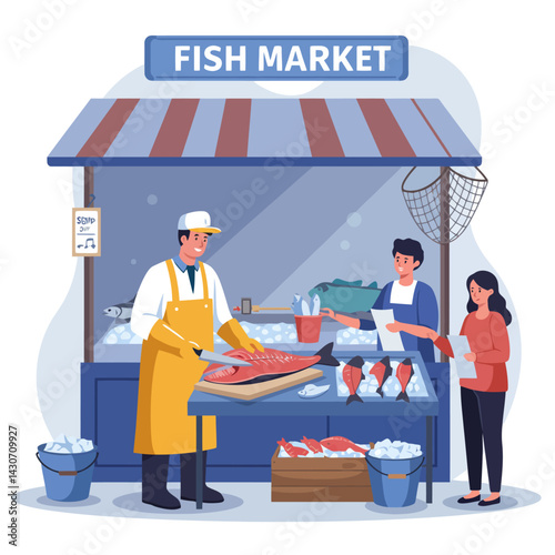 Fish Market Illustration with Workers and Customer Buying Fresh Fish