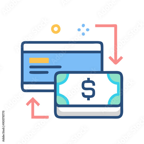 Digital Money Transfer Icon with Credit Card and Cash
