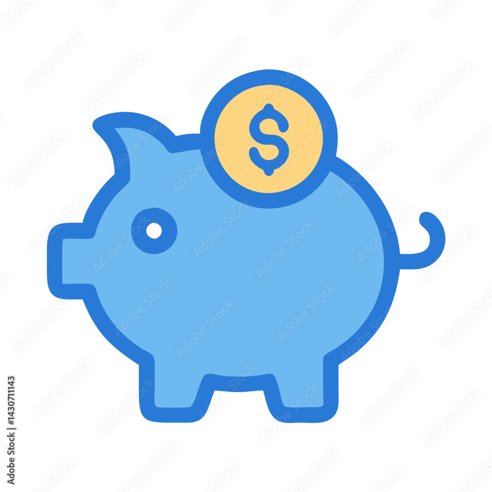 Blue piggy bank with dollar coin saving money Blue piggy bank with dollar coin saving money