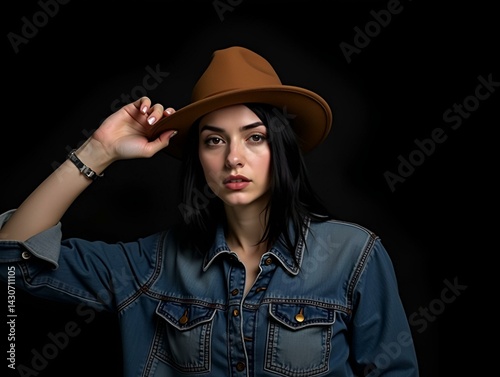 Obraz na płótnie Modella bianca con i capelli neri vestita con una camicia in jeans e un cappello marrone, si tocca la testa con espressione seria , isolata su sfondo scuro w salonie