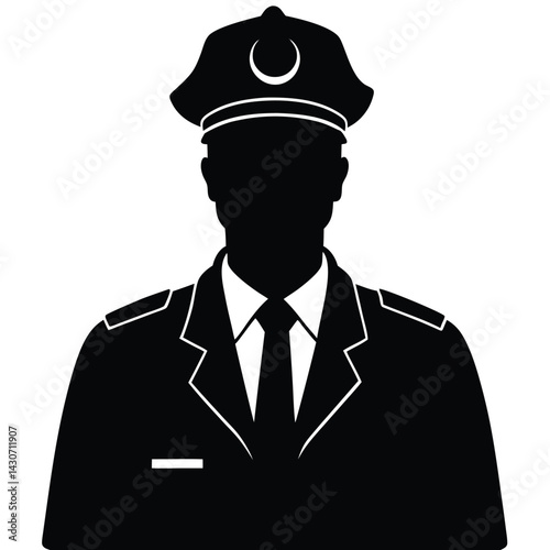 Police Officer Silhouette In Uniform Wearing Hat Vector Illustration.