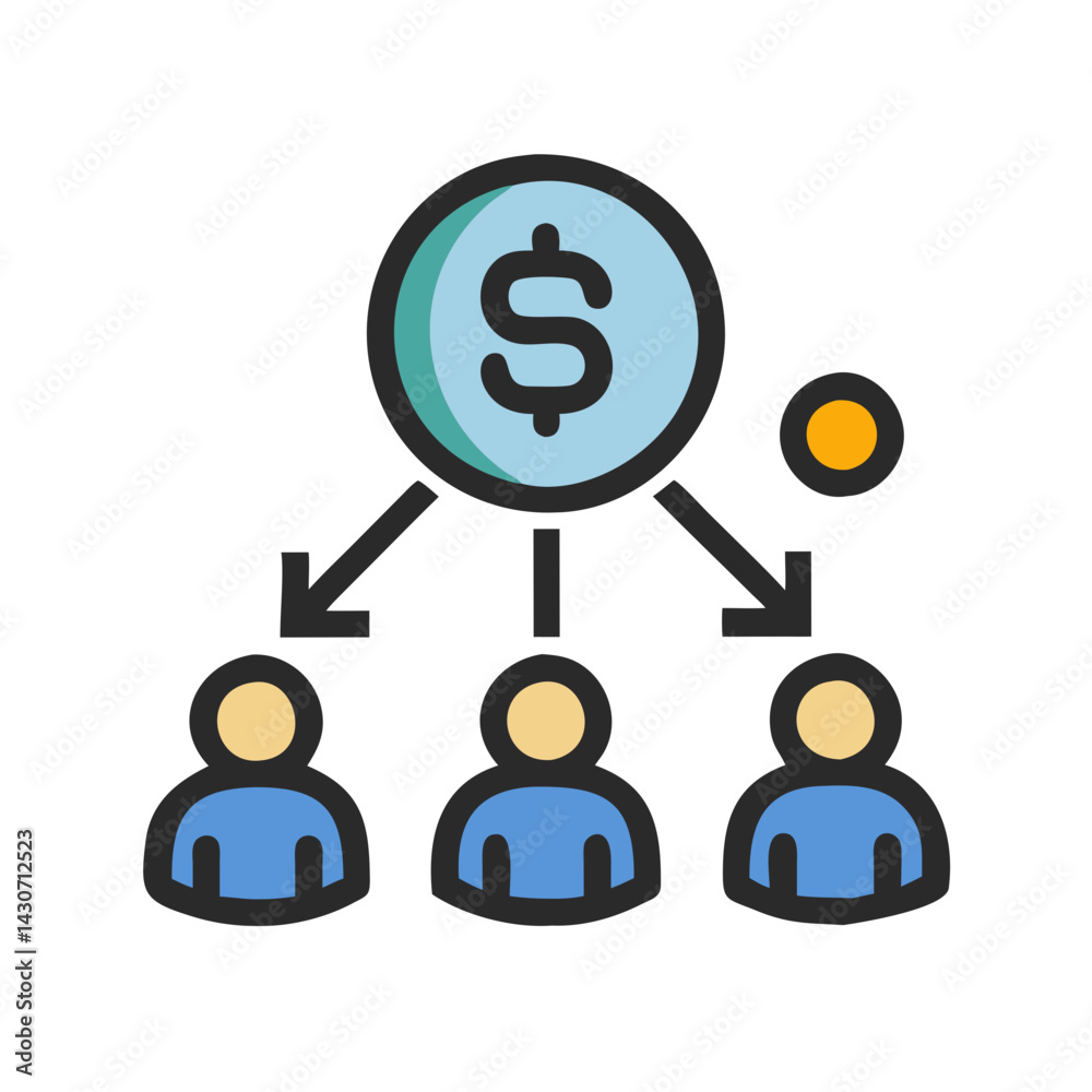 Money flow icon, distributed funds to the team Money flow icon, distributed funds to the team