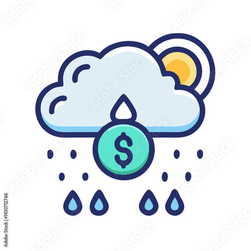Money Rain Cloud Illustration with Sun and Coin