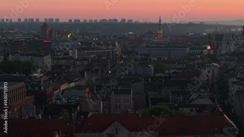 Panoramic view from the drone on the city Poznan during sunrise. Poland.