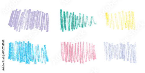 Color Crayon Scribble Textures Set, Hand Drawn Colorful Pastel Strokes on White Background.