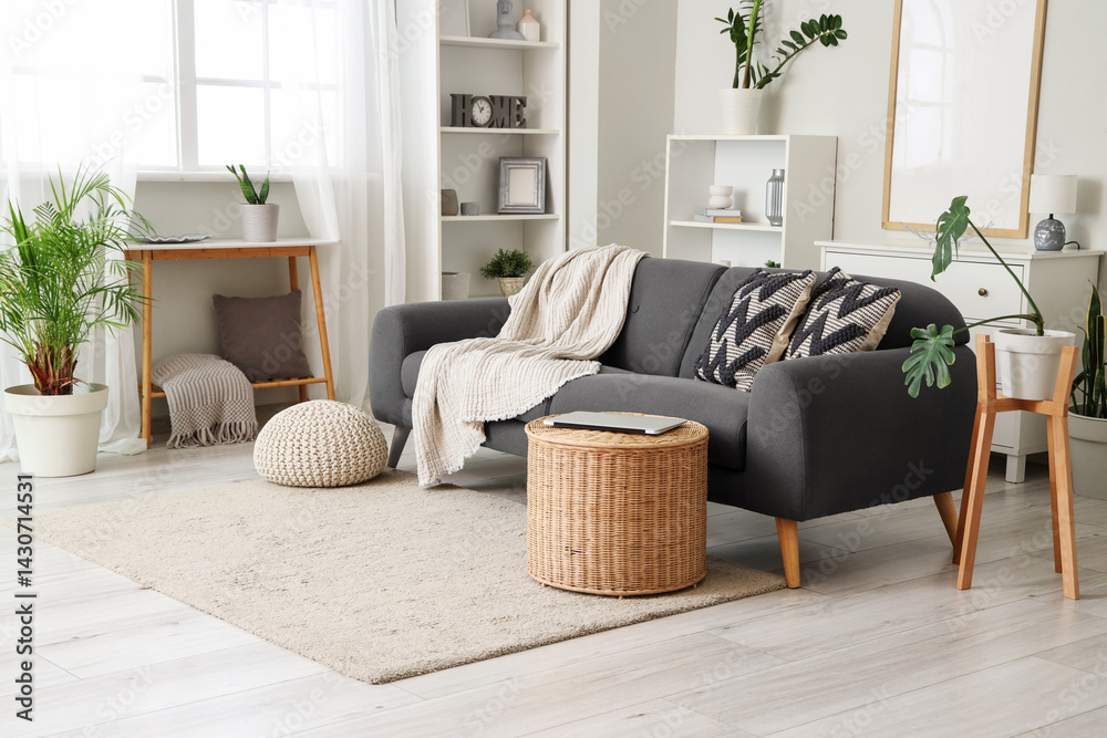 Obraz premium Interior of living room with sofa, basket and shelf units