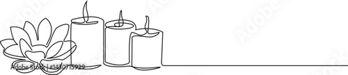 One continuous line drawing of wellness and spa treatment. Candle and lotus flower for zen and balance concept in simple linear style. Editable stroke. vector illustration.