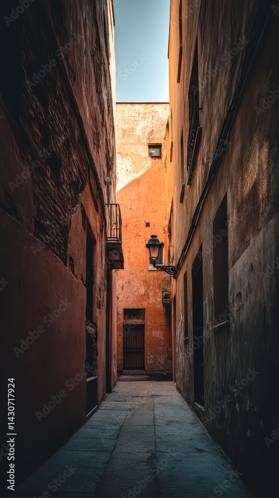 Obraz premium A narrow alleyway with old brick and plaster walls captures the essence of a quaint European town. The sunlight illuminates the orange hues, creating a cozy atmosphere