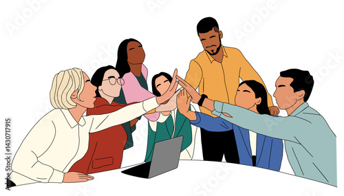 Excited business team giving high five celebrating success. Different men and women in working together. Modern vector simple outline style for graphic, web design Isolated on transparent background