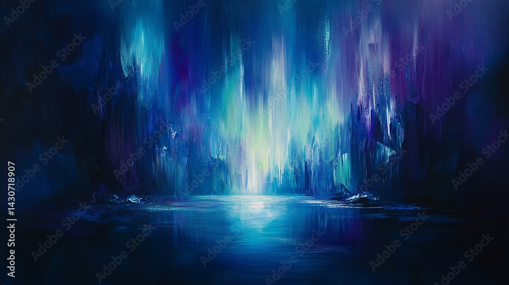 Fototapeta premium Painting of an ethereal, glowing waterfall of colors reflecting in calm water