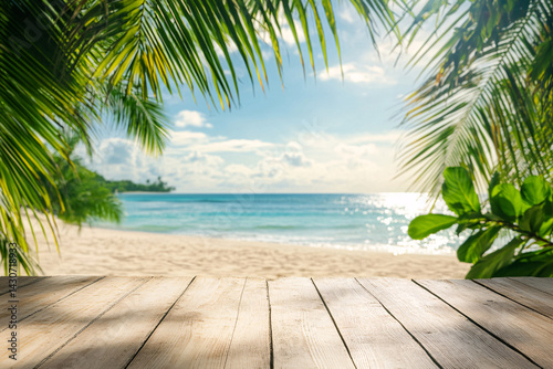 Obraz na płótnie Empty background with wooden floor on beach with palm trees. banner for advertising product. Wooden tabletop in front. blurred background. empty bar counter w salonie