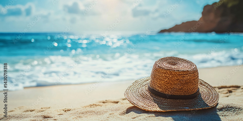 Straw hat lies on the coast of a beautiful sea or ocean. empty space on the side. clean sand. blurred background. Blank mockup for advertising or packaging
