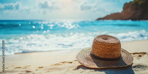 Obraz na płótnie Straw hat lies on the coast of a beautiful sea or ocean. empty space on the side. clean sand. blurred background. Blank mockup for advertising or packaging w salonie