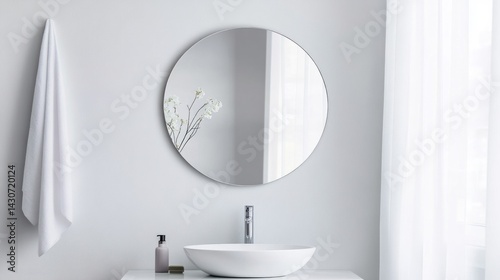 Minimalist bathroom with round mirror and sink