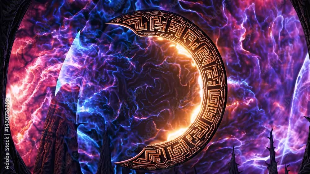 Mysterious ancient magic portal radiating blue and purple cosmic energy sparks curiosity, science fiction concept, time travel, fantasy, dimensional gateway