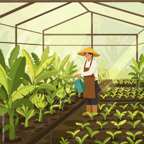 Person Watering Plants in Greenhouse with Sunlight and Lush Vegetation