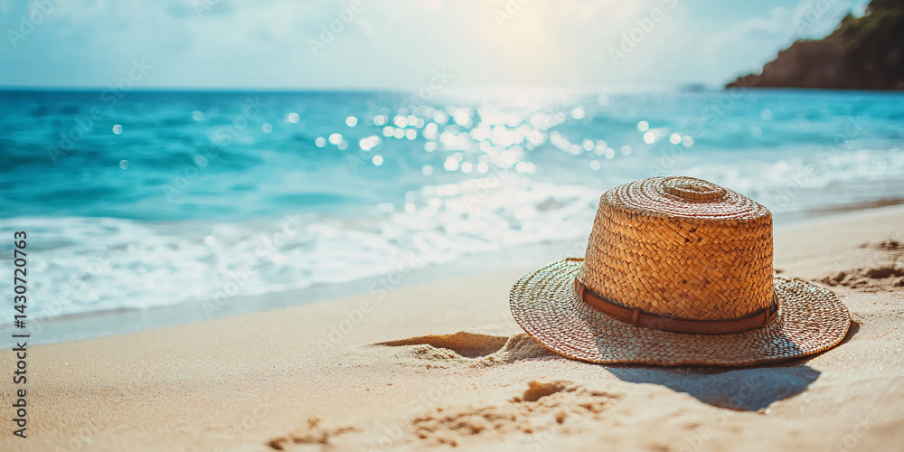 Straw hat lies on the coast of a beautiful sea or ocean. empty space on the side. clean sand. blurred background. Blank mockup for advertising or packaging