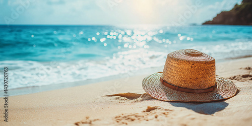 Obraz na płótnie Straw hat lies on the coast of a beautiful sea or ocean. empty space on the side. clean sand. blurred background. Blank mockup for advertising or packaging w salonie