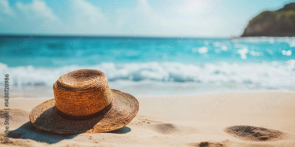 Straw hat lies on the coast of a beautiful sea or ocean. empty space on the side. clean sand. blurred background. Blank mockup for advertising or packaging