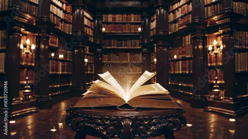 Majestic old library filled with tall wooden bookcases, open book glowing at center, this magical learning space evokes wisdom knowledge mystery