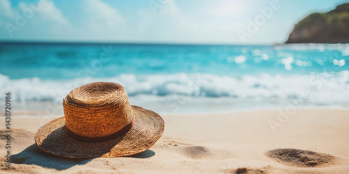 Obraz na płótnie Straw hat lies on the coast of a beautiful sea or ocean. empty space on the side. clean sand. blurred background. Blank mockup for advertising or packaging w salonie