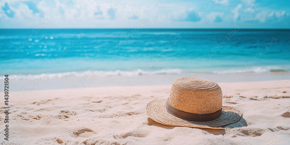 Straw hat lies on the coast of a beautiful sea or ocean. empty space on the side. clean sand. blurred background. Blank mockup for advertising or packaging