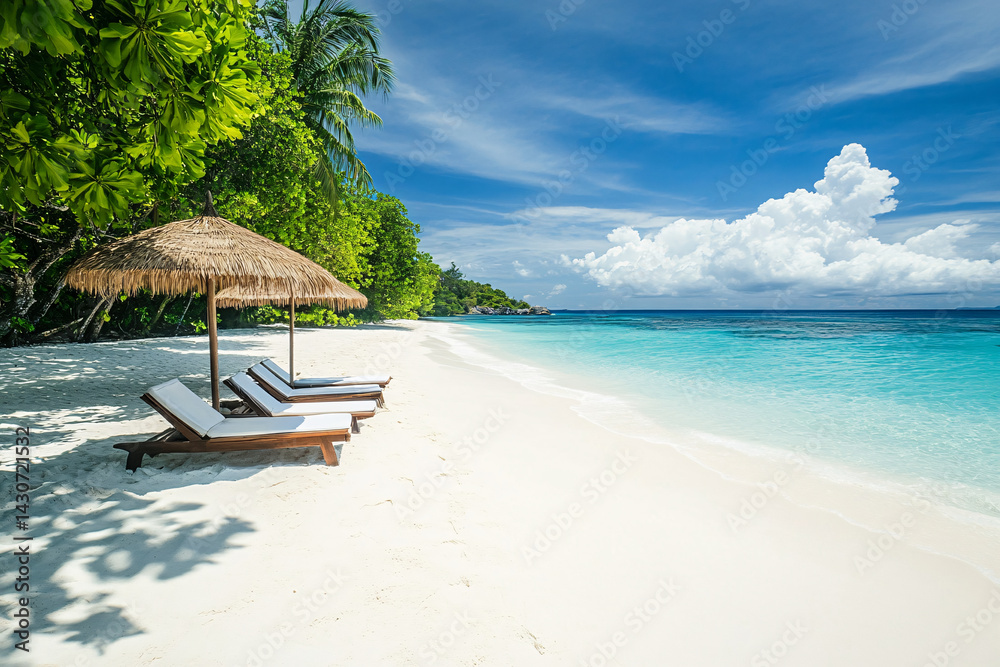 Several sun loungers on the beach with an umbrella near the sea or ocean. Relaxation in the shade of palm trees near the pond. Clean sand. Sunlight. Wide view of the sea landscape. Trip