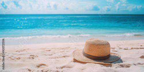 Obraz na płótnie Straw hat lies on the coast of a beautiful sea or ocean. empty space on the side. clean sand. blurred background. Blank mockup for advertising or packaging w salonie