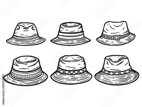 bucket hat line art sketch of trendy summer fashion accessory