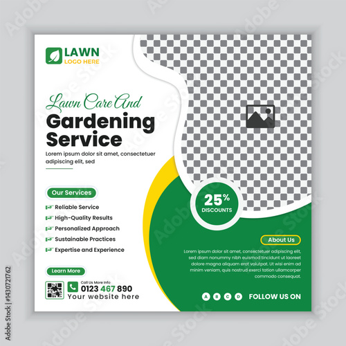 Lawn mower or gardening service social media post design and  web banner template, Agriculture farming online post square banner design template