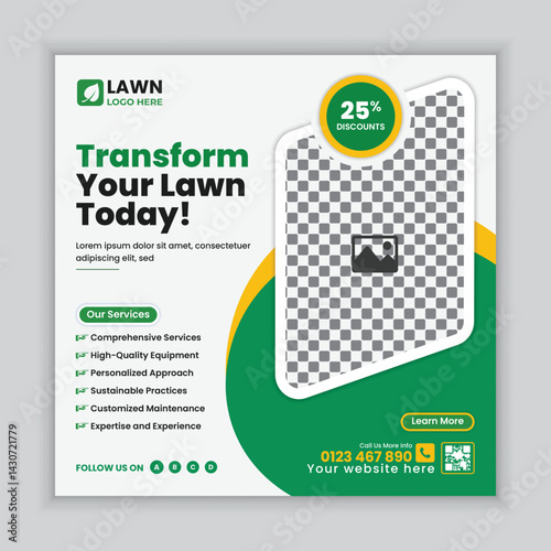 Lawn mower or gardening service social media post design and  web banner template, Agriculture farming online post square banner design template