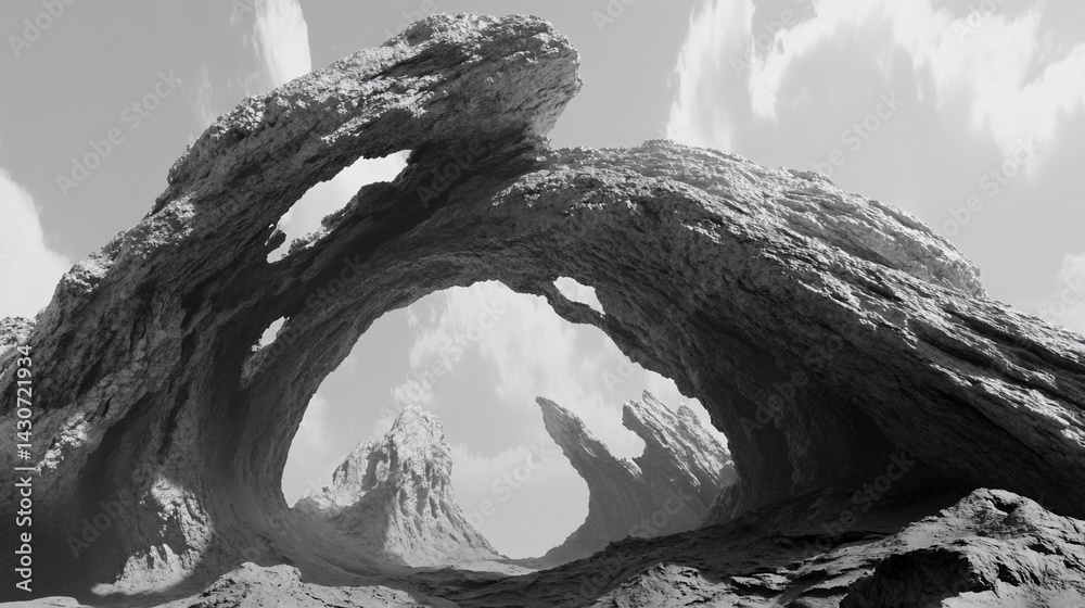 Fototapeta premium Stone archway on a monochrome rocky terrain, under a partly cloudy sky