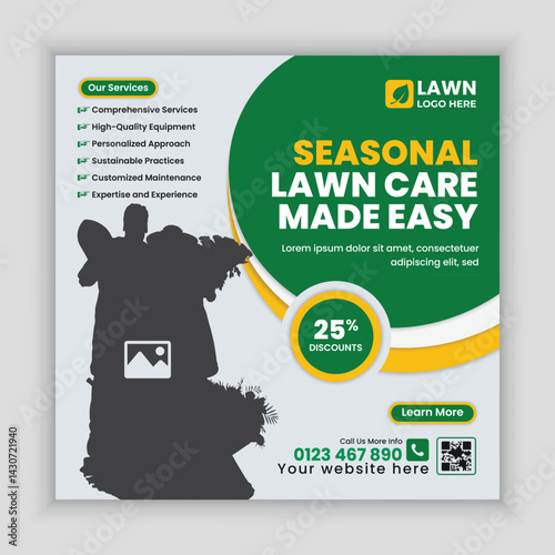 Lawn mower or gardening service social media post design and  web banner template, Agriculture farming online post square banner design template