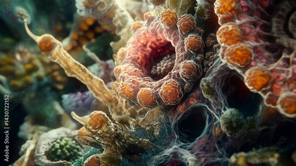 Obraz premium Abstract macro of biological structure, swirling shapes, intriguing textures, vibrant colors, complex details